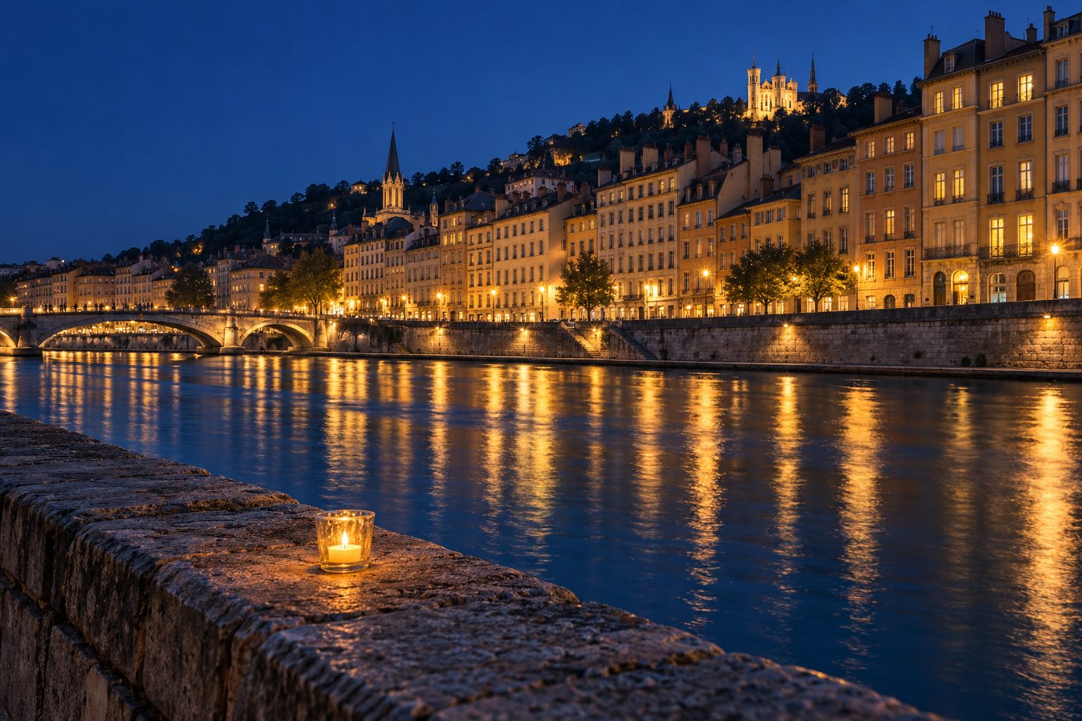 Les quais de Saône à Lyon à l'heure bleue, façades ocre allumées et reflets dans l'eau