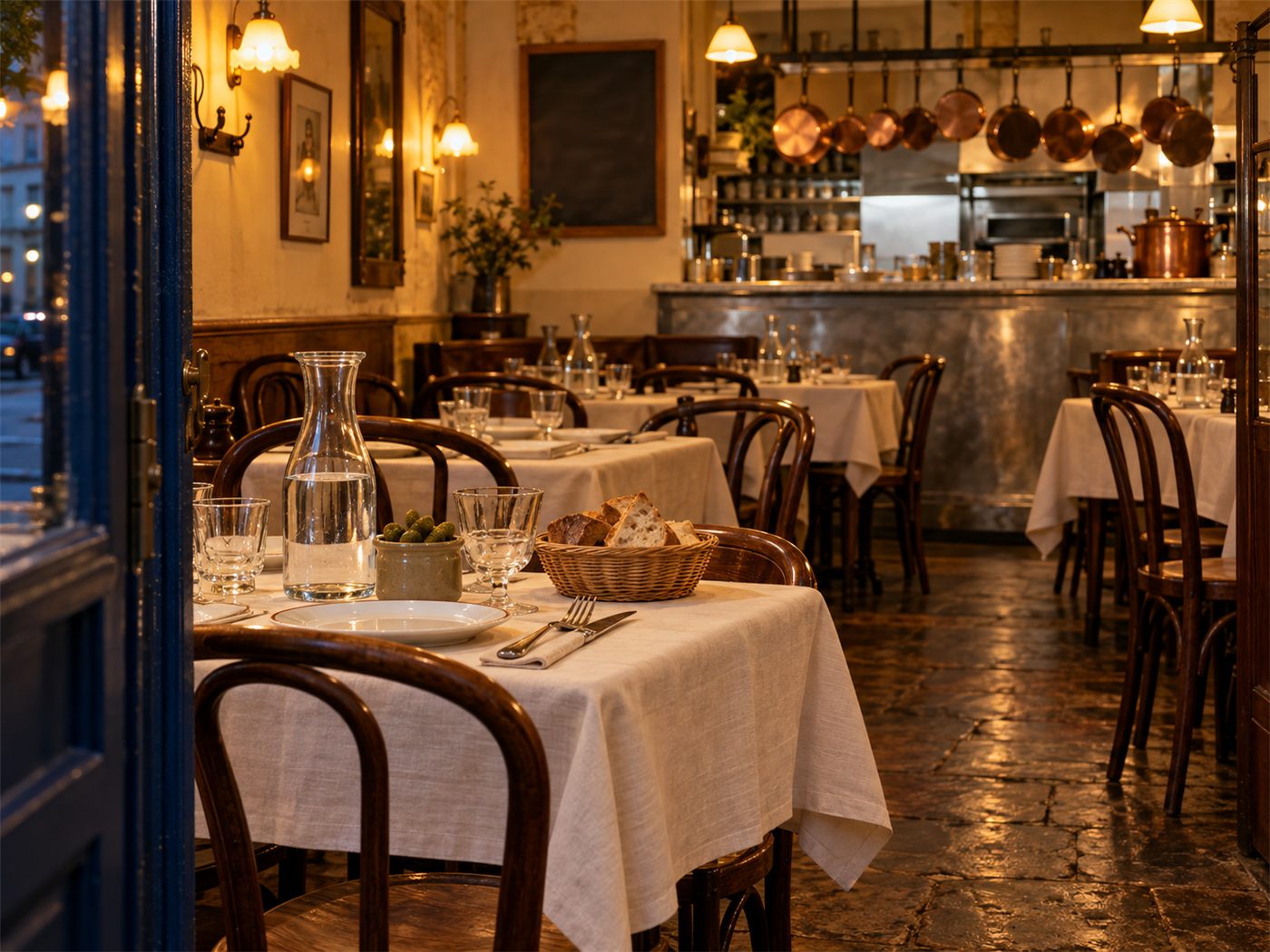 Salle d'un bouchon lyonnais le soir, tables en bois serrées, nappes écrues et lampes chaudes