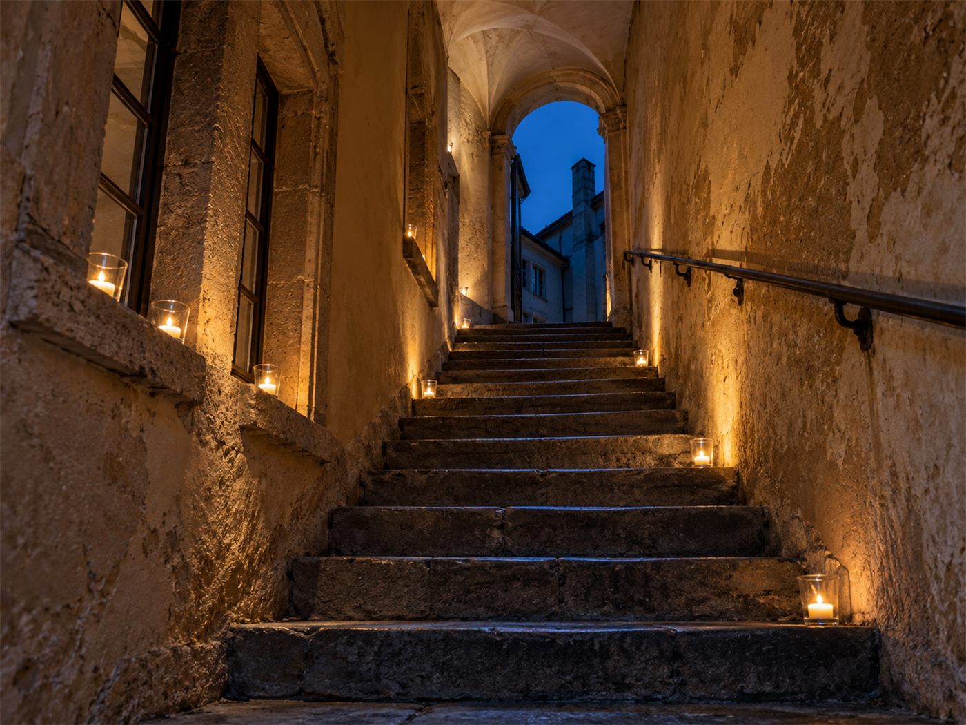 Montée d'une traboule des pentes de la Croix-Rousse au crépuscule, lumignons posés sur les rebords de fenêtres